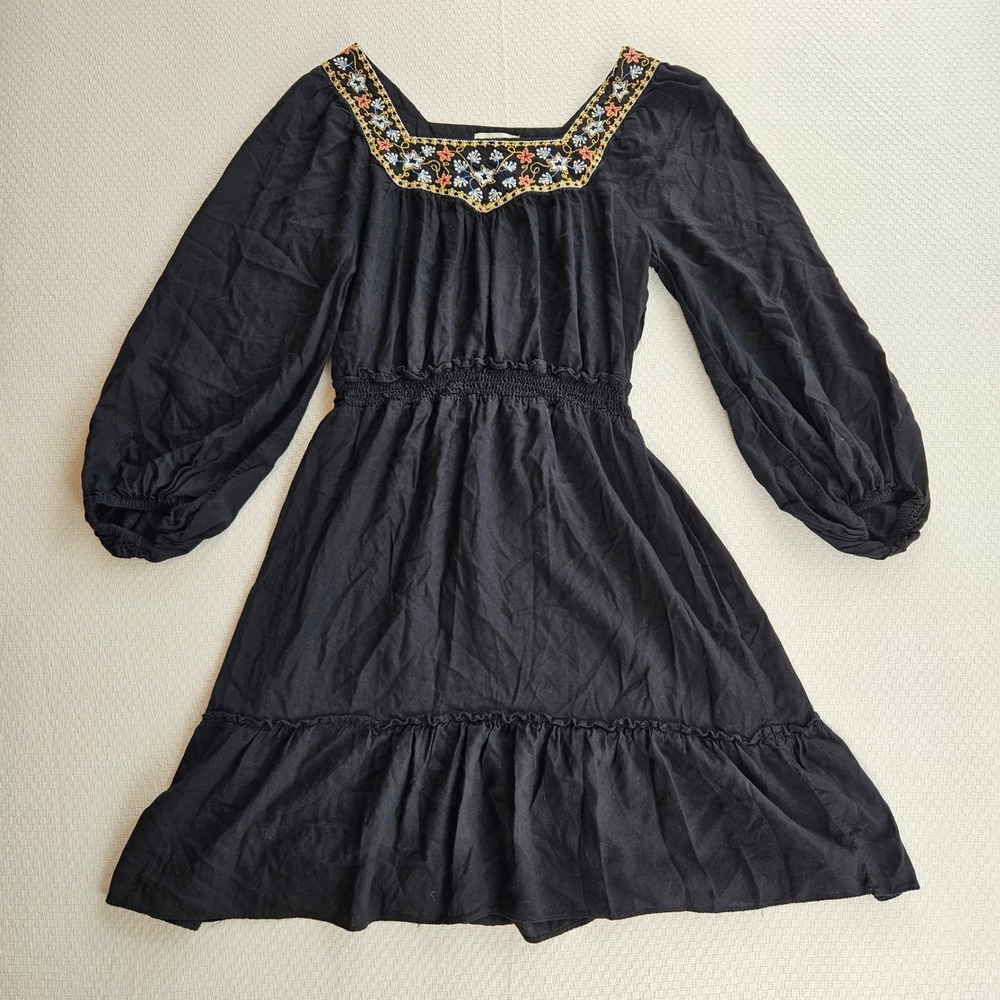 Black Embroidered Floral Square Neck Mini Dress XS Peasant Festival Boho 70s